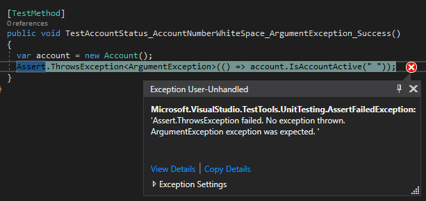 Figure: TestAccountStatus_AccountNumberWhiteSpace_ArgumentException_Success() fails