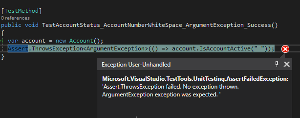 Figure: TestAccountStatus_AccountNumberWhiteSpace_ArgumentException_Success() fails again