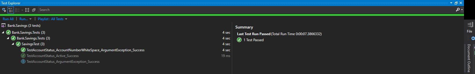 Figure: TestAccountStatus_AccountNumberWhiteSpace_ArgumentException_Success() passed